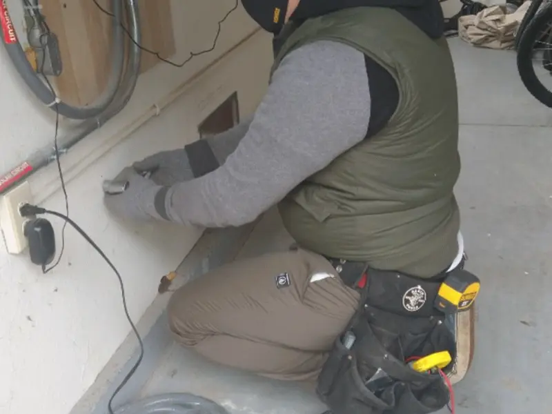 Electrician performing outlet wiring in a Rye Brook garage